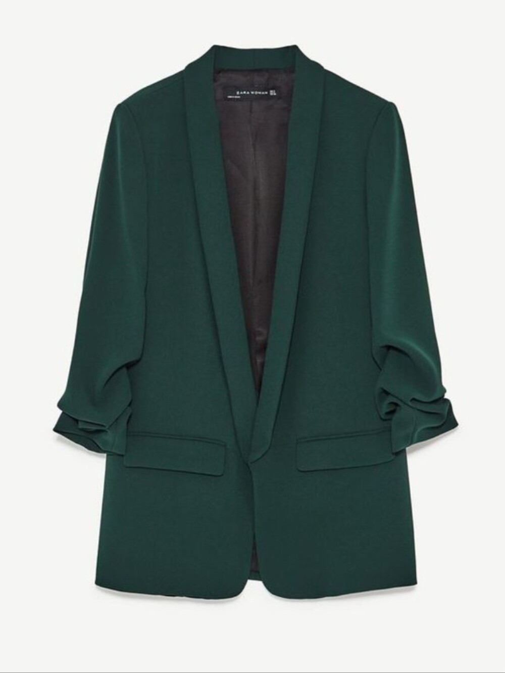 Zara Dark kelly green roll-up sleeve blazer open-front shawl collar front Sz M